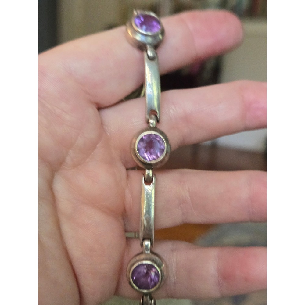 Sterling Silver Faceted Amethyst Gemstone Bar Bracelet Modernist Style Vintage